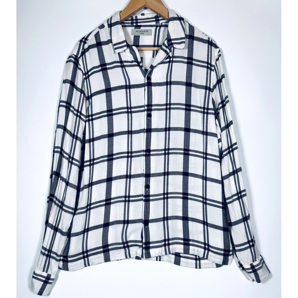 Allsaints Arline Men Large White Black Plaid Viscose Long Sleeve Button Up Shirt